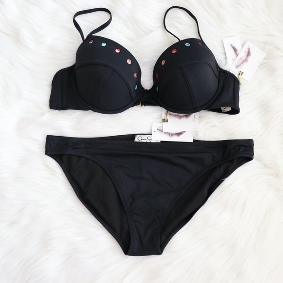 NWT Jessica Simpson Black Bikini Bathing Suit Swim Set Size Medium - Picture 1 of 10